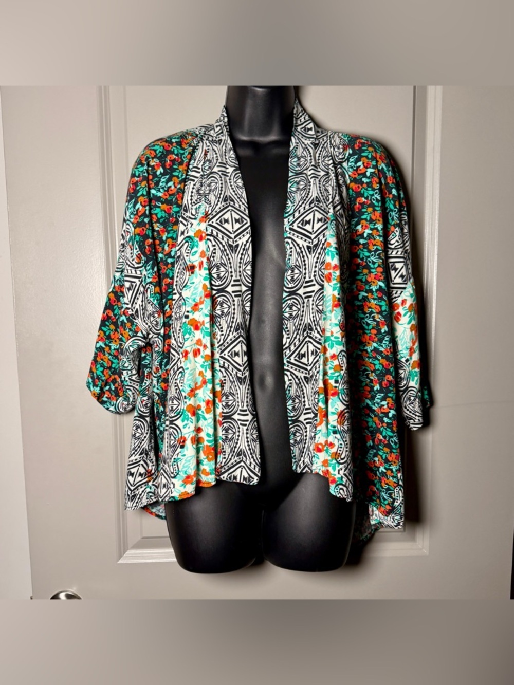 Michael Stars Mixed Print Open Cardigan OS Rayon Floral Tribal Kimono Jacket